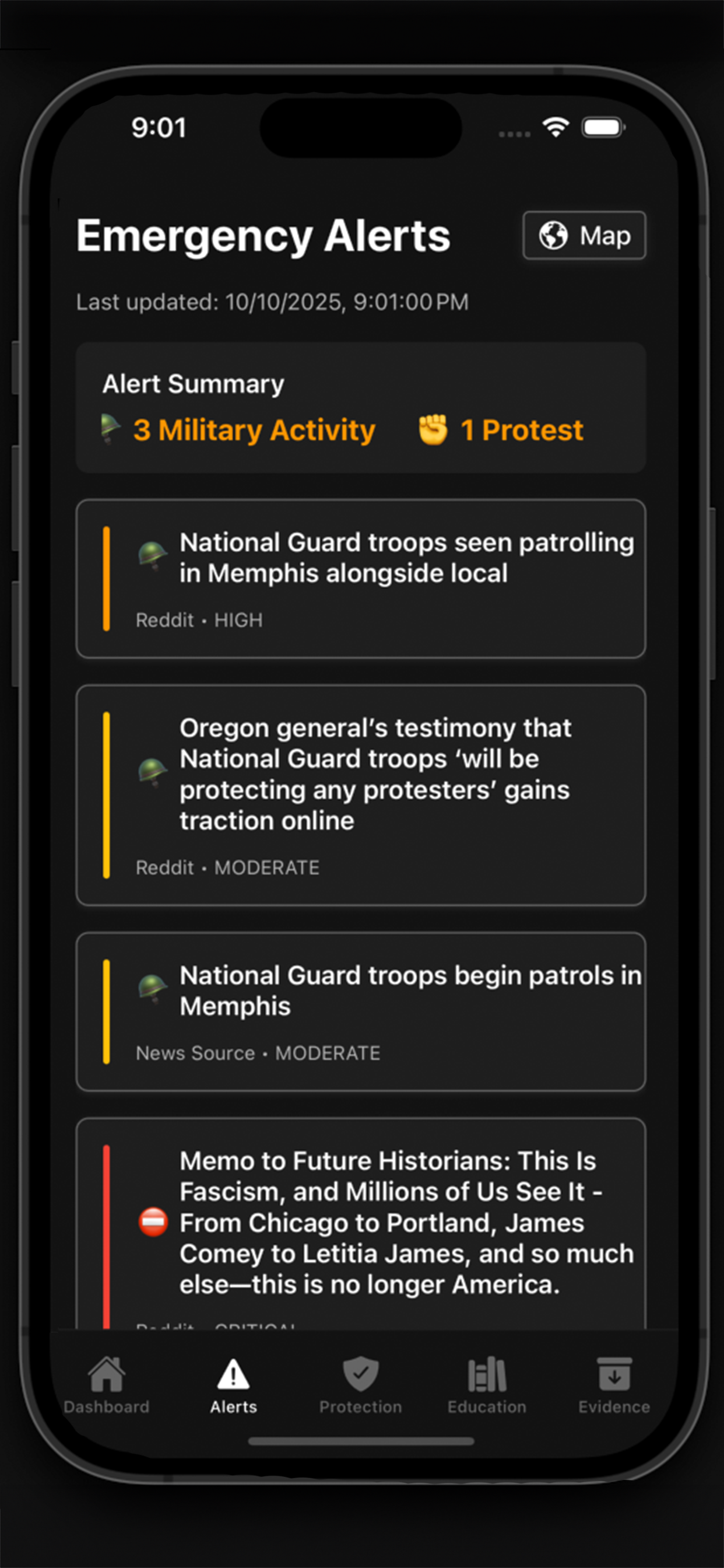 Real-time threat alerts and authoritarian activity monitoring